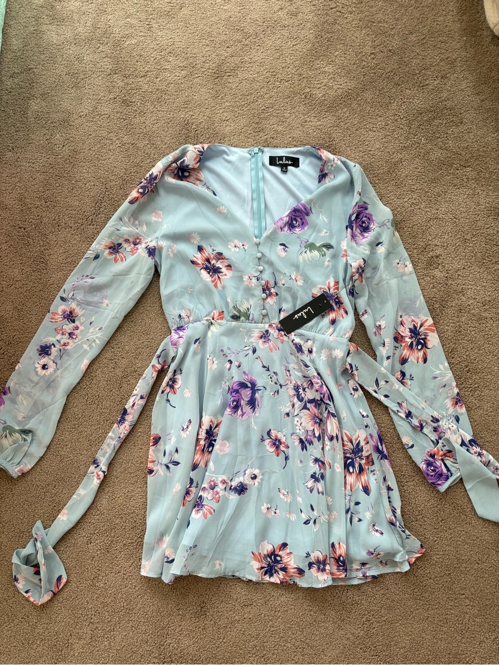Lulu's Mint Blue Floral Wrap Dress with Purple & Pink Blooms